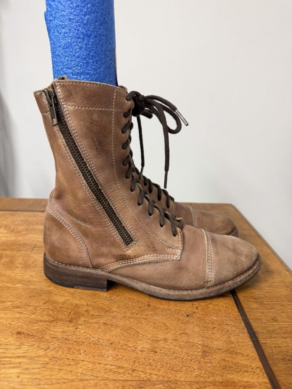 Bed Stu 6 Cobbler Series Distress Lace Up Double Zipper Soft Brown Leather Boots